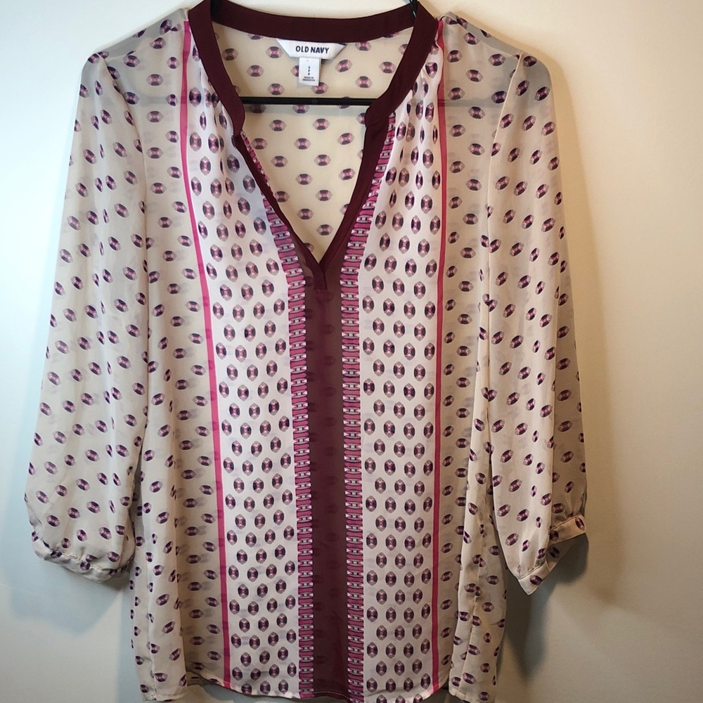 Old Navy Women's Blouse in Cream and Purple Print